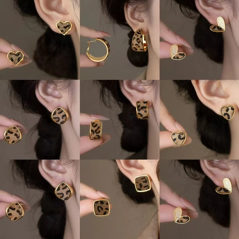 Leopard Print Faux Fur Geometric Earrings Alloy Heart Square Studs With 925 Sterling Silver Earring Post Vintage