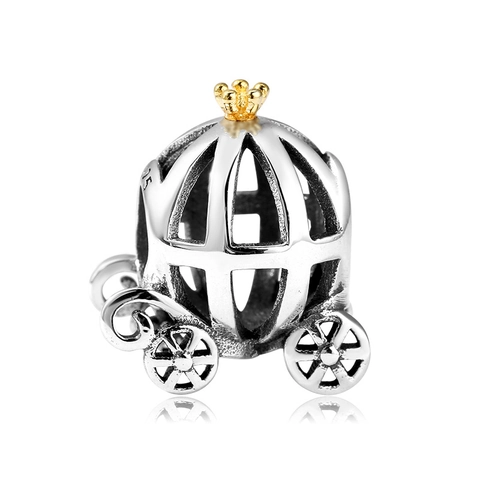 925 Sterling Silver Pumpkin Carriage Bead Hollow Gold Crown DIY Bracelet Necklace Jewelry Accessories Fairy Tale Charm