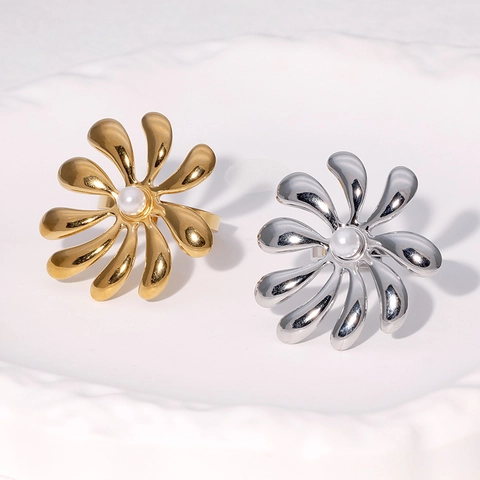 Elegante Anello A Fiore In Acciaio Inossidabile Con Perla Artificial Imitazione Anello Aperto Regolabile Per Donna Gioielli Di Moda