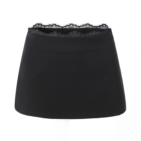 Women Lace Trim Mini Skirt Polyester Rayon Blend High Waist Solid Black Sexy Chic Streetwear Straight Bottoms