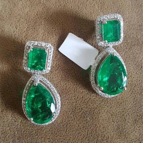 Smaragdgrüne Tropfenohrringe Kupfer Zirkon Birne Rechteckig Halo Braut Hochzeit Abend Luxus Schmuck Für Damen