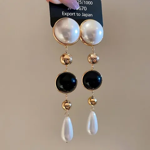 Orecchini Pendenti Lunghi Stile Palazzo Vintage Con Künstliche Perle Di Imitazione Perline Nere E Perno In Argento Sterling 925