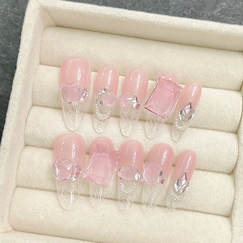 Handmade Press On Nails Pink Gradient 3D Bowknot Rhinestone Artificial Pearl Ice Through Sweet Luxury Fake Nails For Women