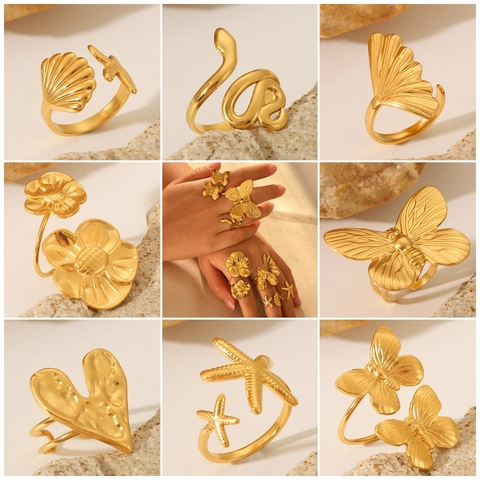 Vintage Stainless Steel Adjustable Open Rings For Women Butterfly Snake Heart Starfish Shell Jewelry Non Tarnish