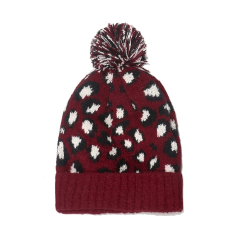 Leopard Print Knitted Beanie Hat With Pom-Pom Winter Warm Outdoor Fashion Acrylic Ribbed Cuff For Women Men