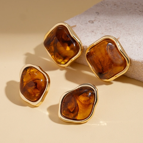 Retro Geometric Square Resin Earrings With 925 Sterling Silver Earring Post Irregular Alloy Border Vintage Style Women