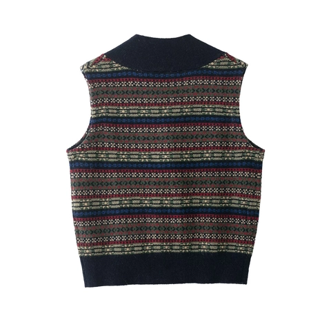 Vintage Fair Isle Knit Sweater Vest Women V-Neck Button Down Sleeveless Geometric Pattern Cardigan Loose Fit Retro Top