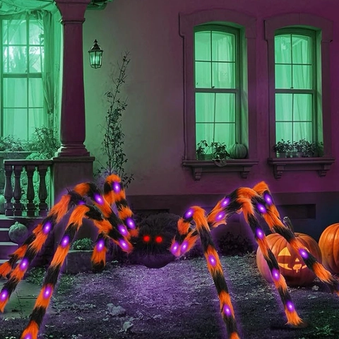 Halloween Riesen Spinne Leuchtend Spinnennetz Plüsch Gruselig Rote Augen Lila LED Beine Außen Party Deko Requisite