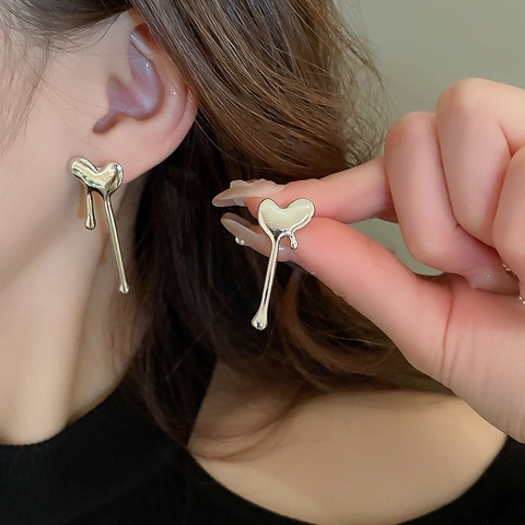 Liquid Metal Lava Heart Asymmetric Dangle Earrings With Silver Earring Post Minimalist Trendy Fashion For Women
