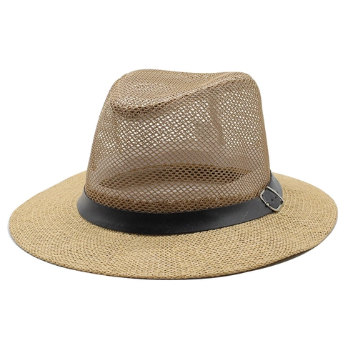 Sommer Stroh Fedora Hut Atmungsaktiv Mesh Hohl Sonnenschutz Strand Jazz Hut Mit Verstellbarem Gürtel Für Herren Damen