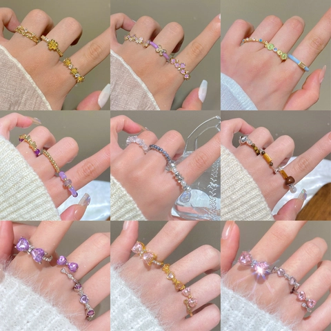 Vintage Alloy Heart Bow Open Ring For Women Adjustable Copper Zirconia Inlaid Fashion Finger Jewelry Daily Party