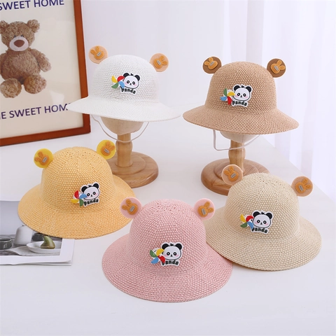 Sombrero Paja Verano Niños Protección Solar Transpirable Playa Panda Lindo Orejas Estéreo Molinillo Viento Tejido
