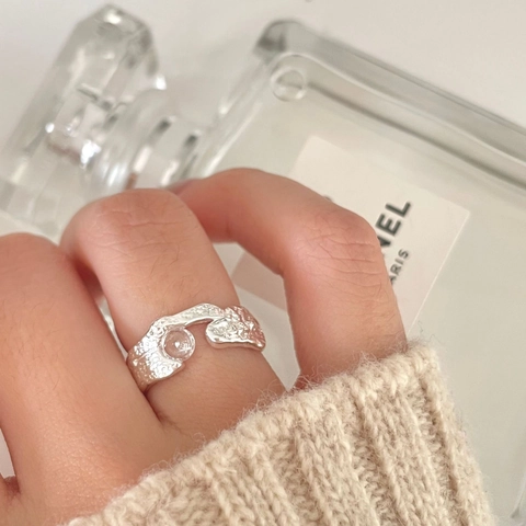 Irregular Hammered S925 Sterling Silver Ring With Zircon Adjustable Open Band Niche Design Minimalist Jewelry Women