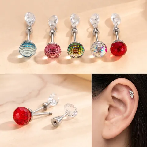 Faceted Crystal Disco Ball Ear Bone Studs Titanium Steel Water Drop Zircon Screw Back Helix Piercing Jewelry For Women