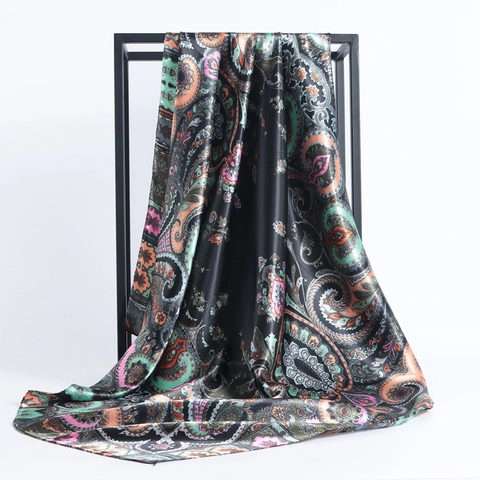 Women Faux Satin Satin Square Scarf Printed Paisley Floral Headscarf Elegant Lightweight Versatile Neck Wrap Shawl Bandana
