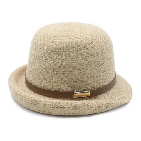 Women Bowler Bucket Hat Curled Brim Viscose Polyester Nylon Blend Retro Style With Faux Leather Belt Gold Buckle