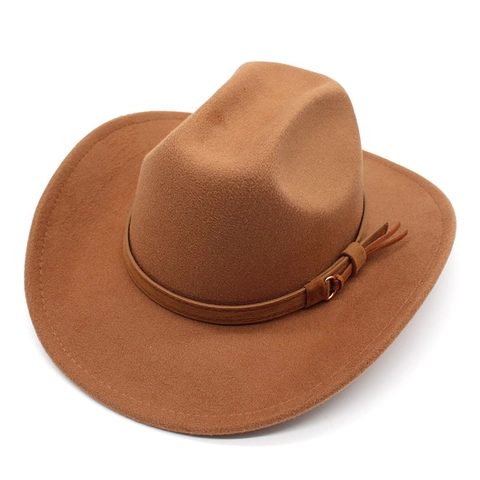Western Cowboy Fedora Hat Wool Felt Wide Brim Jazz Hat For Men Women Vintage Outdoor Sun Shade Hat With Belt Buckle