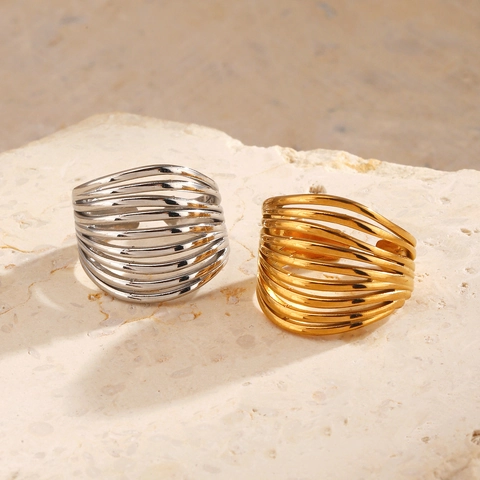 Stainless Steel Multi Layer Wrap Ring 18K Gold Plated Adjustable Open Geometric Minimalist Line Jewelry For Women