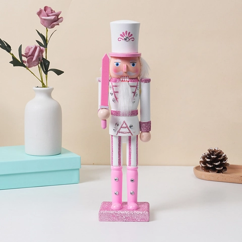 Nutcracker Soldier Ornament Pink White Wooden Glitter Christmas Decoration Desktop King Drummer Soldier Figurines