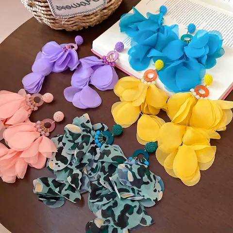 Pendientes De Borla Floral Con Pétalos De Tela Cuentas De Resina Y Silver Earring Post Joyería Bohemia Dulce De Vacaciones Para Mujer
