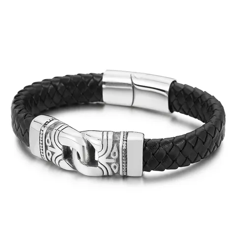 Pulsera De Cuero Trenzado Para Hombre Con Cierre Magnético De Acero Inoxidable Grabado Totem Joyería Retro