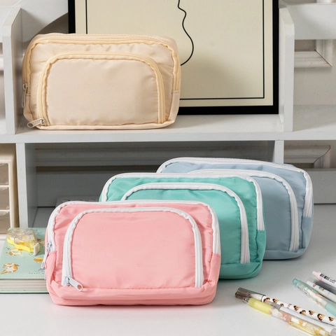 Large Capacity Pencil Case Polyester Front Window Stationery Pouch Double Zipper Student School Office Desktop Storage