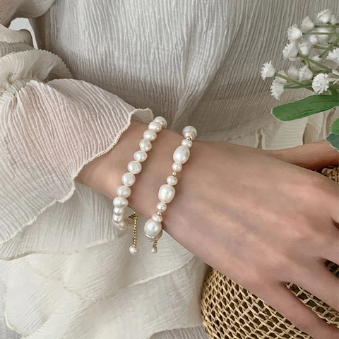 Bracciale Fatto A Mano Con Perle Naturali D'Acqua Dolce Rame Placcato Oro Barocco Irregolare Elegante Stile Francese Donna