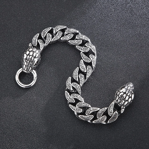 Pulsera De Doble Cabeza De Serpiente Acero Inoxidable 316L Plata Antigua Cadena Cubana Punk Gótico Grabado Floral Hombres