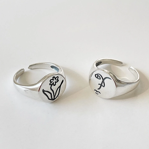 925 Sterling Silber Ring Vintage Graviert Blume Abstrakt Gesicht Minimalistisch Verstellbar Siegelring Schmuck Für Damen