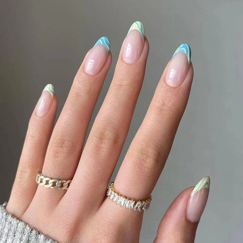 Unghie Finte French Tip Con Motivi A Onde Blu Gialle Mandorla Lunga Unghie Artificiali Per Donne Manicure Elegante Stile Semplice