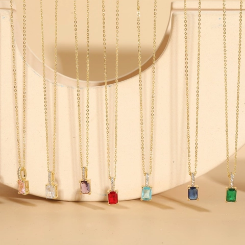 Hanger Ketting Geometrische Rechthoek Kleurrijke Zirkonia Koper 14K Verguld Elegante Choker Voor Dames
