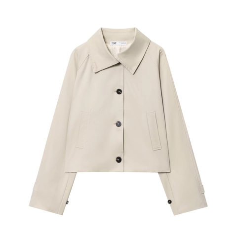 Chaqueta Gabardina Corta Para Mujer Mezcla Algodón Sarga Solapa Botonadura Sencilla Casual Color Sólido Manga Larga