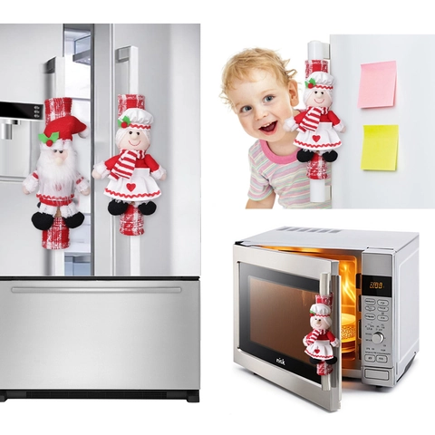 Christmas Refrigerator Handle Covers Santa Claus Snowman Holiday Kitchen Appliance Door Protection Decoration Plush Fabric