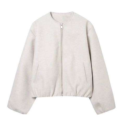 Women Polyester Short Bomber Jacket Round Neck Zip-Up Solid Color Soft Pocketed Loose Streetwear Outerwear