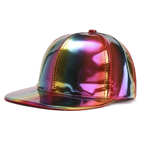 Regenboog Laser Metallic PU Leer Baseball Cap Snapback Platte Rand Voor Outdoor Party Podium Requisite Hip Hop Accessoire