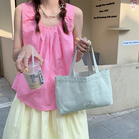 Canvas Tote Handbag Versatile Casual Korean Style Portable Shopping Lunch Bag For Women Minimalist Solid Color