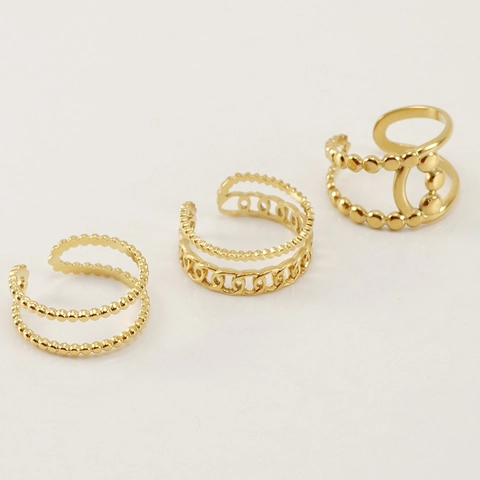 Adjustable Open Rings For Women Stainless Steel 18K Gold Plated Geometric Hollow Out Beaded Minimalist Finger Jewelry