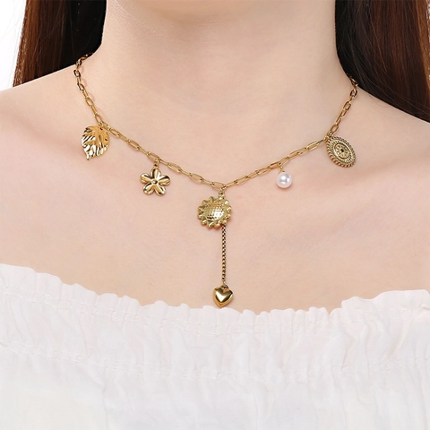 Collier Pendentif Fleur Papillon Émail Acier Inoxydable Français Pour Femmes Plaqué Or Perle Artificielle Chaîne Ras Du Cou
