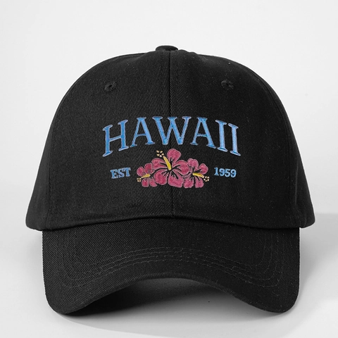 Hawaii Hibiscus Flower Embroidered Baseball Cap Washed Polyester Adjustable Casual Outdoor Sun Protection Hat