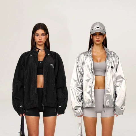 Giacca Lucida Metallica Donna Vestibilità Ampia Antivento Nylon Streetwear Collo Alto Sportiva Casual