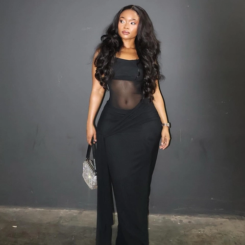 Black Mesh Patchwork Maxi Dress See Through Waist Ruched Bodycon Spaghetti Strap Streetwear Sexy Solid