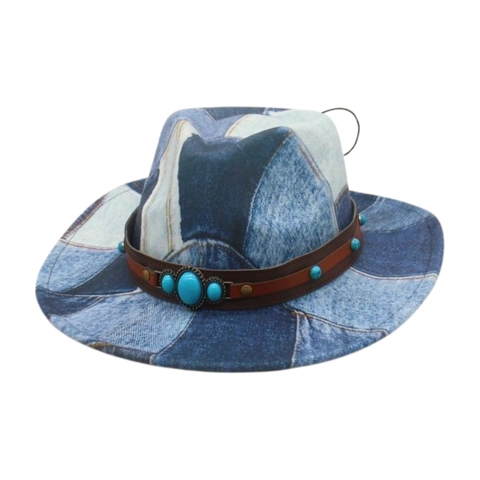 Cappello Fedora Cowboy Western Tessuto Denim Patchwork Con Fascia Pelle Accenti Turchesi Stile Britannico Retrò Unisex