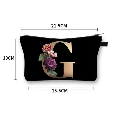 Alphabet Gold Letter Floral Print Cosmetic Bag Polyester Velvet Travel Makeup Pouch Portable Zipper Organizer