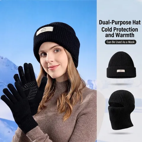 Winter Balaclava Hat And Gloves Knitted Acrylic Warm Windproof Neck Warmer Dual Use Outdoor Beanie For Women