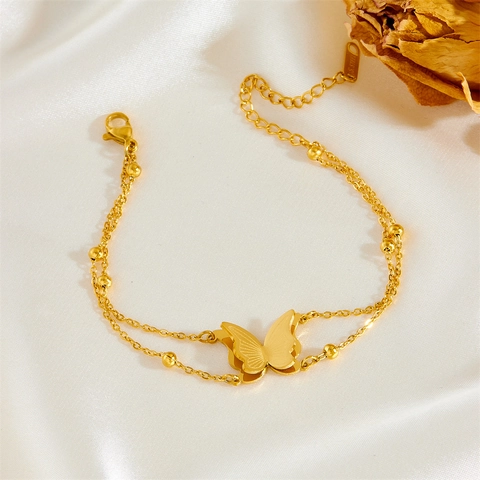 Butterfly Jewelry Stainless Steel Double Layer Bead Chain Necklace Bracelet Anklet Fashion Jewelry For Women