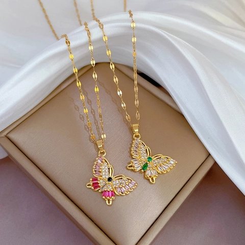 Collana Con Pendente A Farfalla In Acciaio Al Titanio E Rame Con Zircone Intarsiato Placcato Oro Gioielli Da Donna