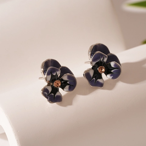 Boucles D'oreilles Pensée Émail Alliage Strass Avec Tige En Argent Style Français Vintage Bijoux Pour Femmes
