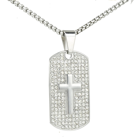 Collana Con Ciondolo A Piastrina Con Croce In Acciaio Inossidabile Con Strass Gioielli Religiosi Hip Hop Per Uomo Donna