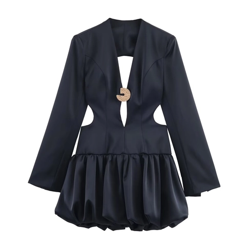 Elegant Black Satin Mini Dress With Long Sleeves Blazer Collar Deep V Neck Cut Out Backless Balloon Hem For Women