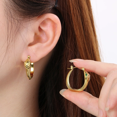 Snake Hoop Earrings Stainless Steel Enamel Eye Geometric Texture Serpent Huggie Earrings For Women Vintage Style